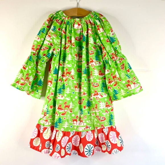 Christmas Holiday red green white reindeer snowflake ruffled bow twirl dress - Picture 3 of 13